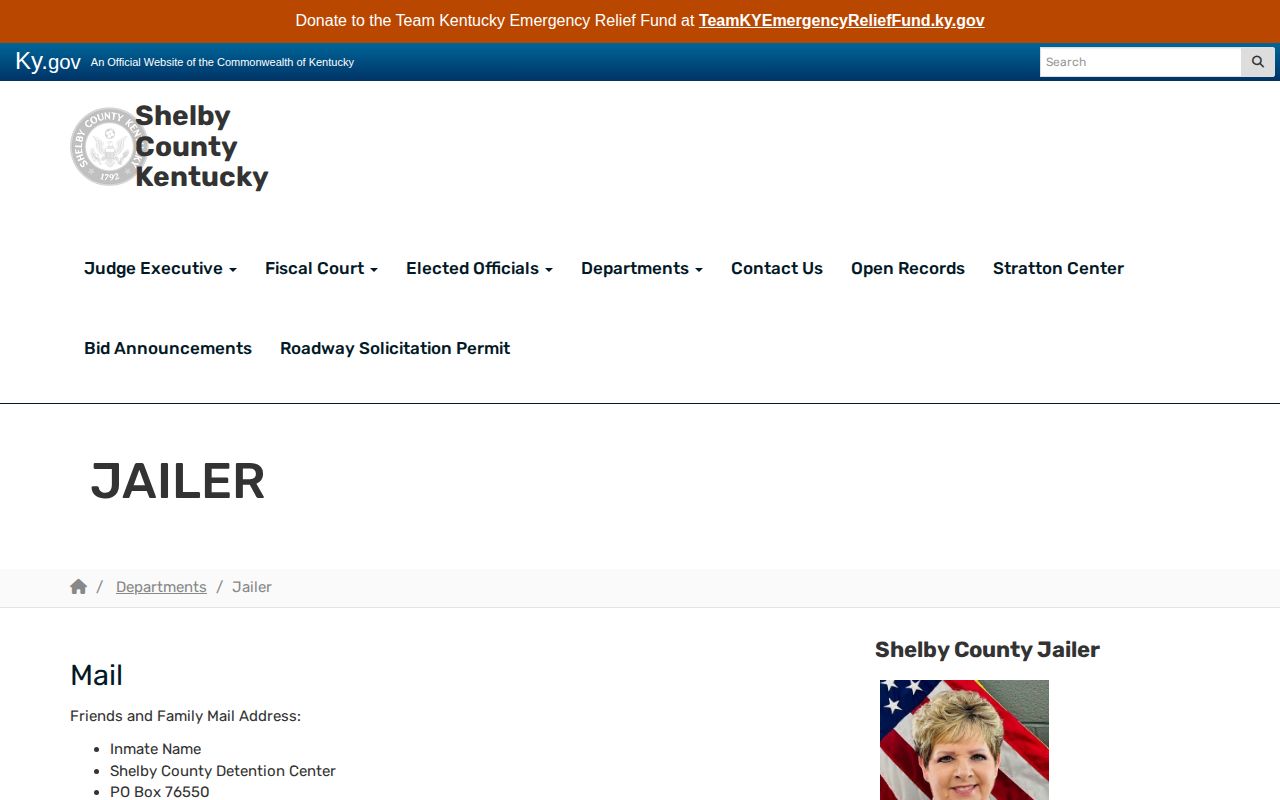 Shelby County Jailer page with current detention center contact information
