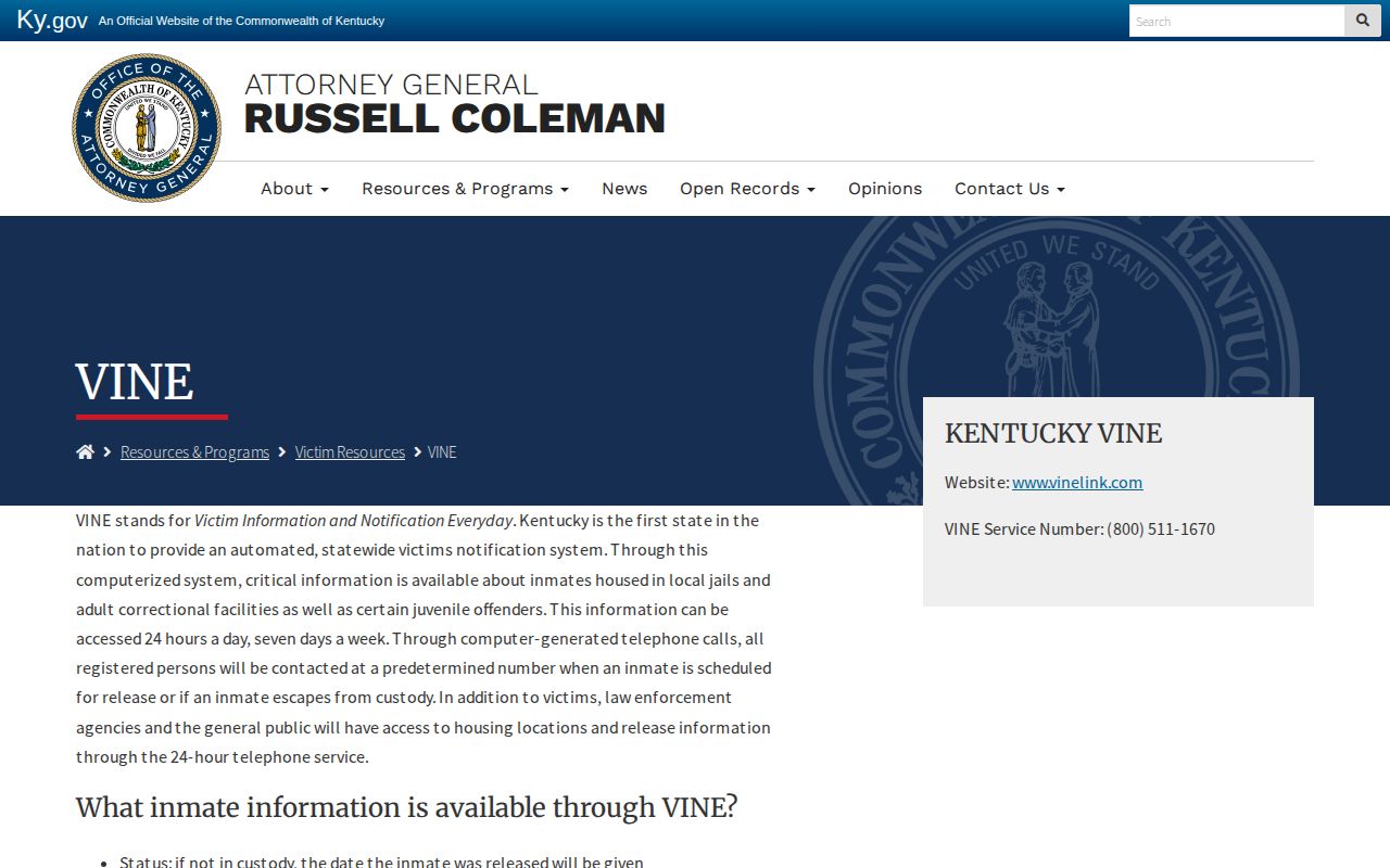 Kentucky Attorney General VINE policy and hotline page