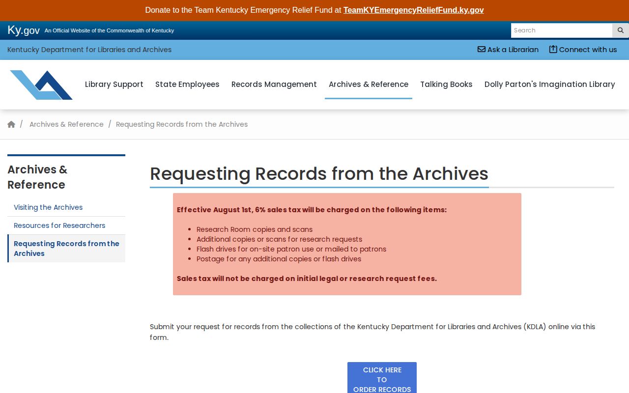 Kentucky archives records request page